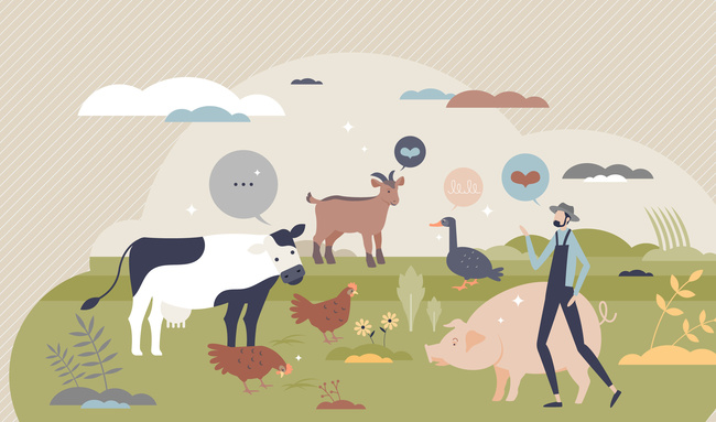Animal welfare and good behavior with respect and care tiny person concept. Veterinarian love and support for domestic pets, livestock, cow, pig or birds vector illustration. Happy and ethical farming