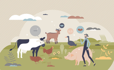 Animal welfare and good behavior with respect and care tiny person concept. Veterinarian love and support for domestic pets, livestock, cow, pig or birds vector illustration. Happy and ethical farming